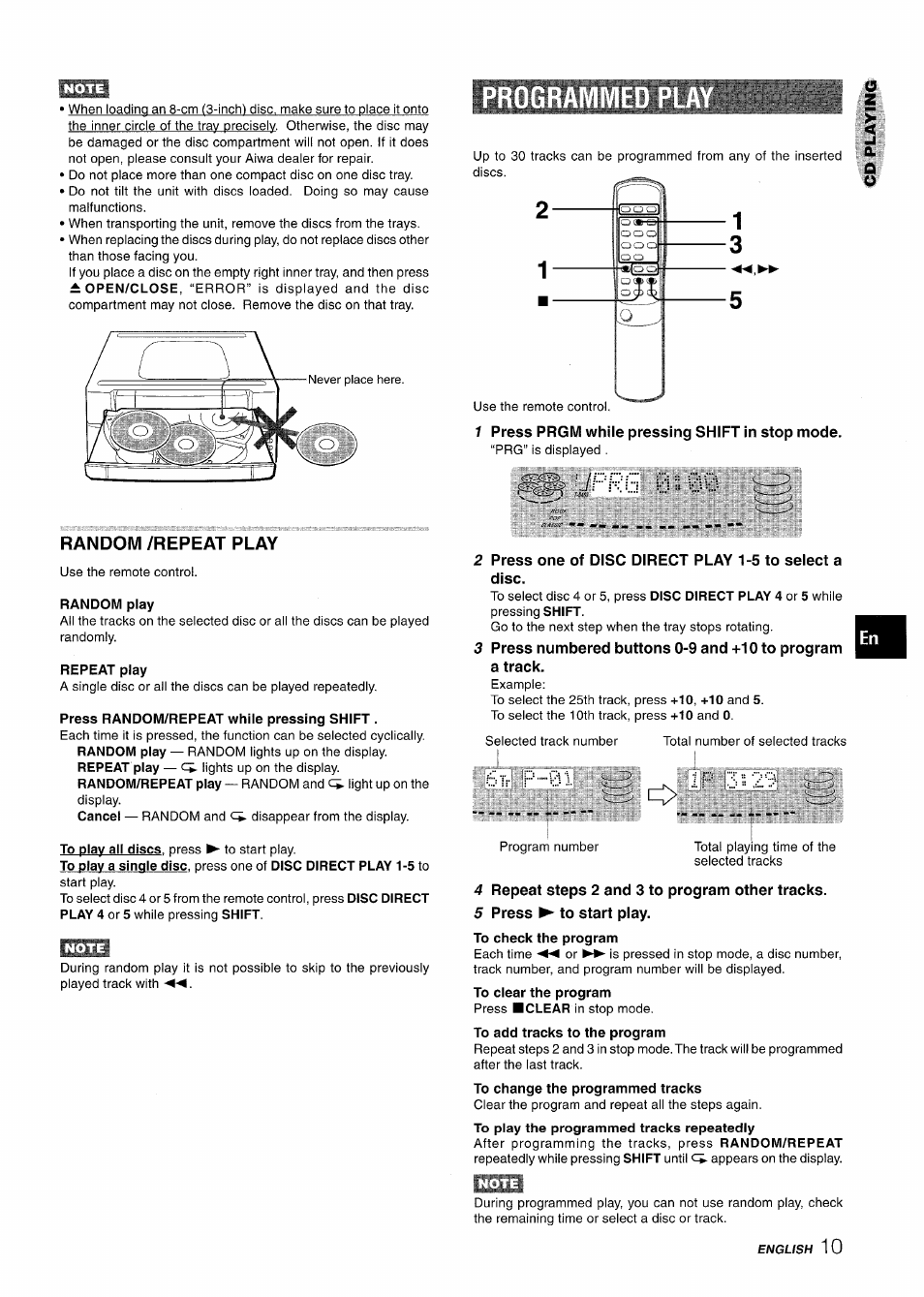 1 press prgm while pressing shift in stop mode, Ii:;i ■; 00, 4 repeat steps 2 and 3 to program other tracks | 5 press ► to start play, Ii:;i ■ ; 00, Ip 3s2p, Random /repeat play | Aiwa Z-R555 User Manual | Page 11 / 62