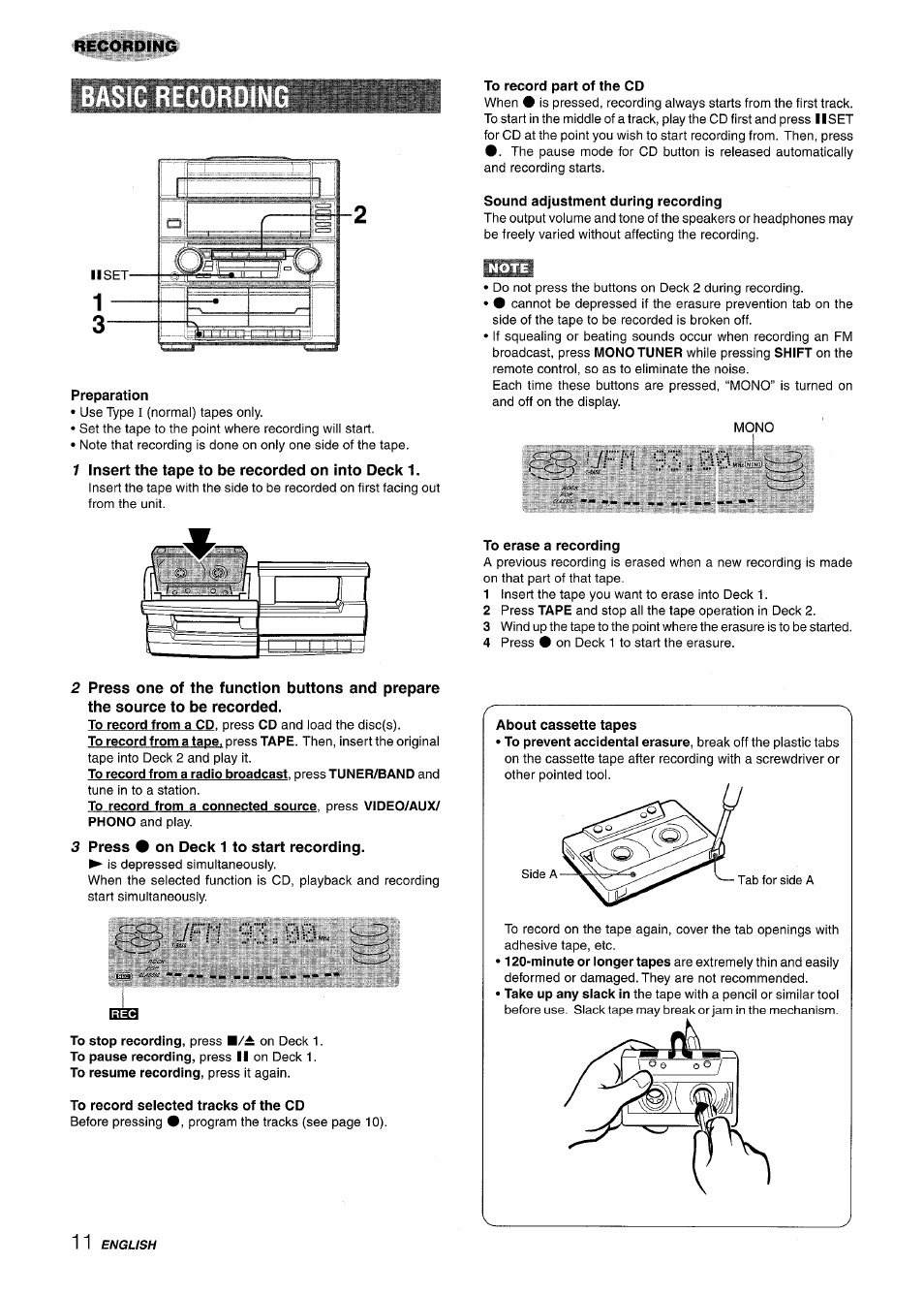 Preparation, 1 insert the tape to be recorded on into deck 1, To record part of the cd | Sound adjustment during recording, Mono, To erase a recording, Press • on deck 1 to start recording, Jfn 93.00, To record selected tracks of the cd, Recording | Aiwa Z-R555 User Manual | Page 12 / 62