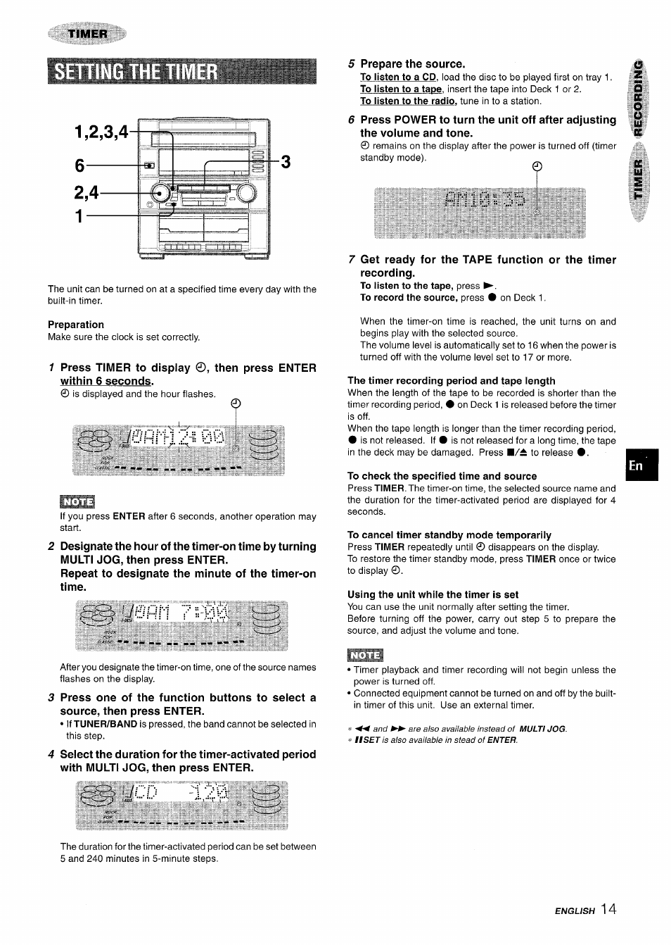 Preparation, The timer recording period and tape iength, To check the specified time and source | To cancel timer standby mode temporarily, Using the unit while the timer is set, Timer | Aiwa Z-R555 User Manual | Page 15 / 62