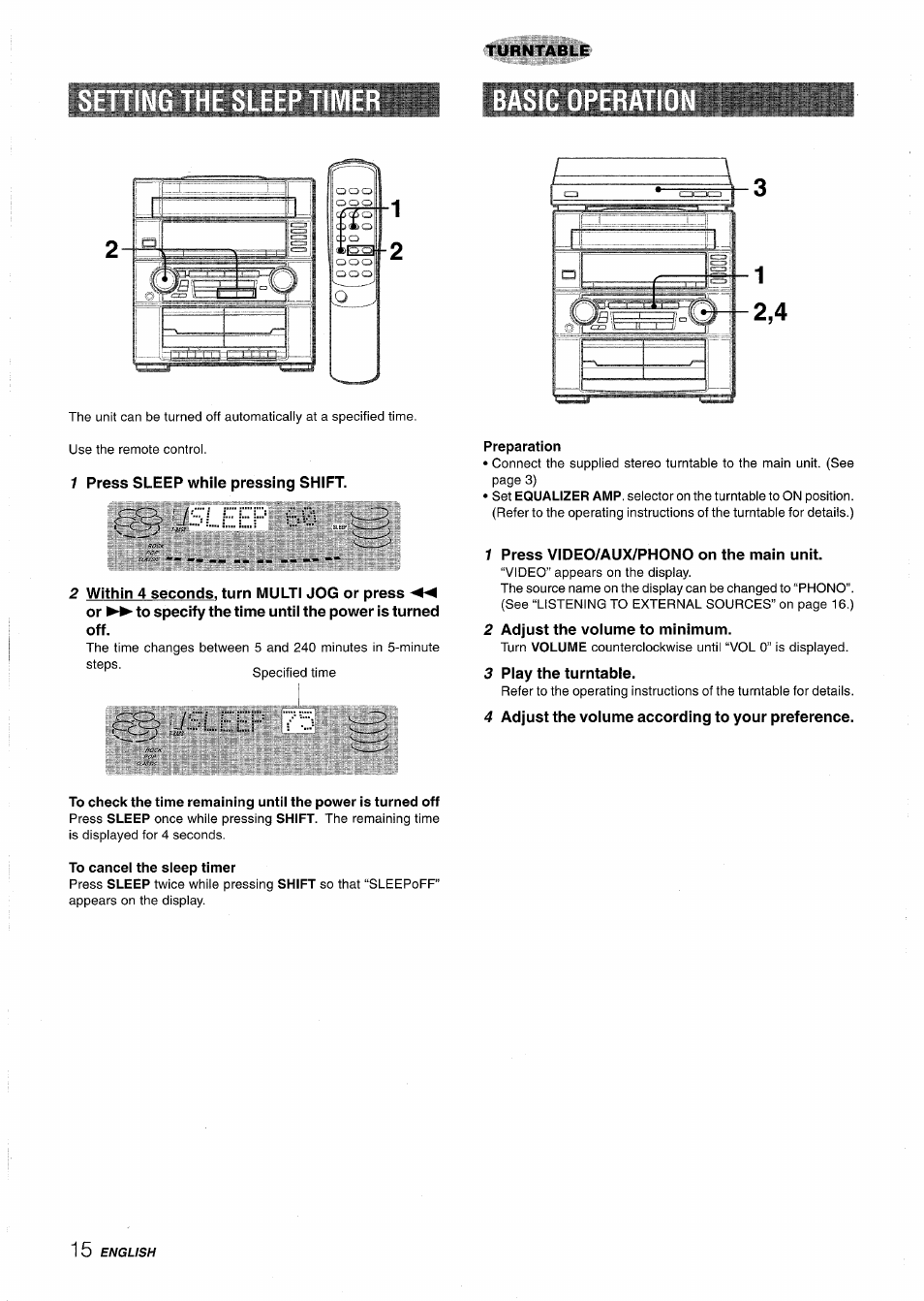 1 press sleep while pressing shift, Preparation, 1 press video/aux/phono on the main unit | 2 adjust the volume to minimum, 3 play the turntable, 4 adjust the volume according to your preference, To cancel the sleep timer | Aiwa Z-R555 User Manual | Page 16 / 62