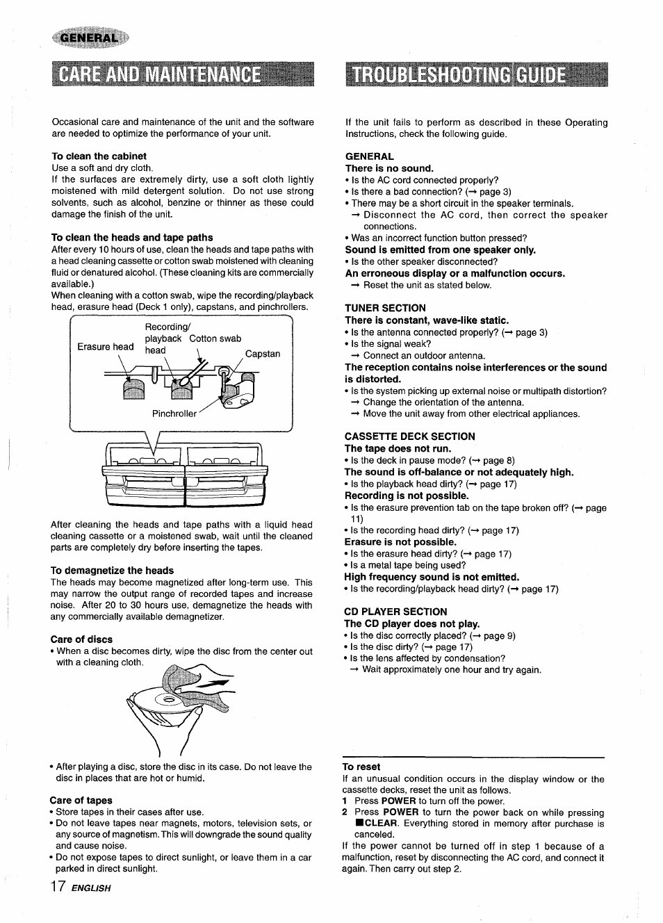 To clean the cabinet, To clean the heads and tape paths, To demagnetize the heads | Care of tapes, General there is no sound, Tuner section, Cassette deck section the tape does not run, Cd player section the cd player does not play, To reset, General | Aiwa Z-R555 User Manual | Page 18 / 62