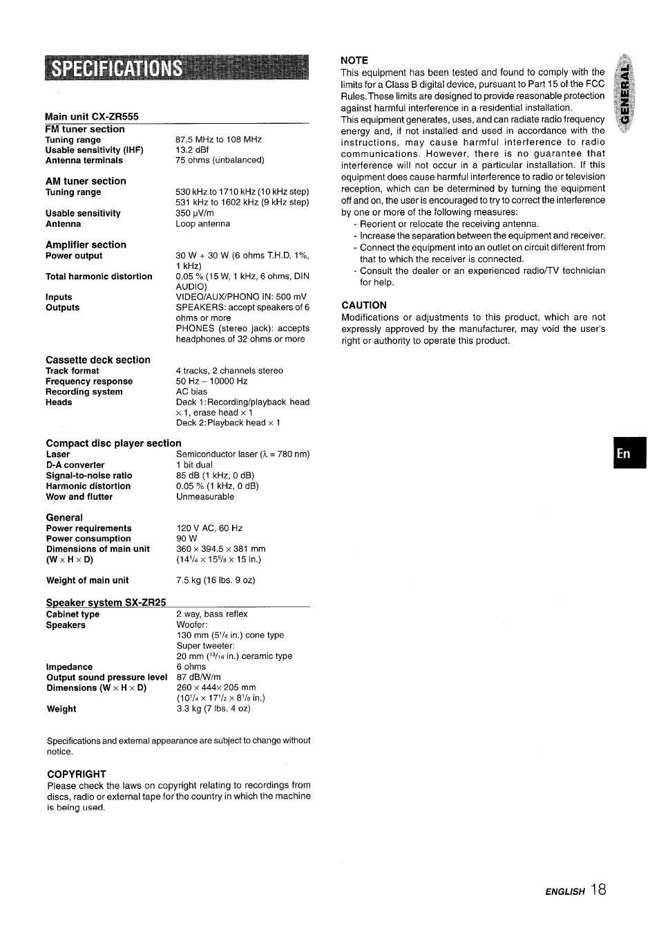 Note, Caution, Copyright | Specificatio | Aiwa Z-R555 User Manual | Page 19 / 62