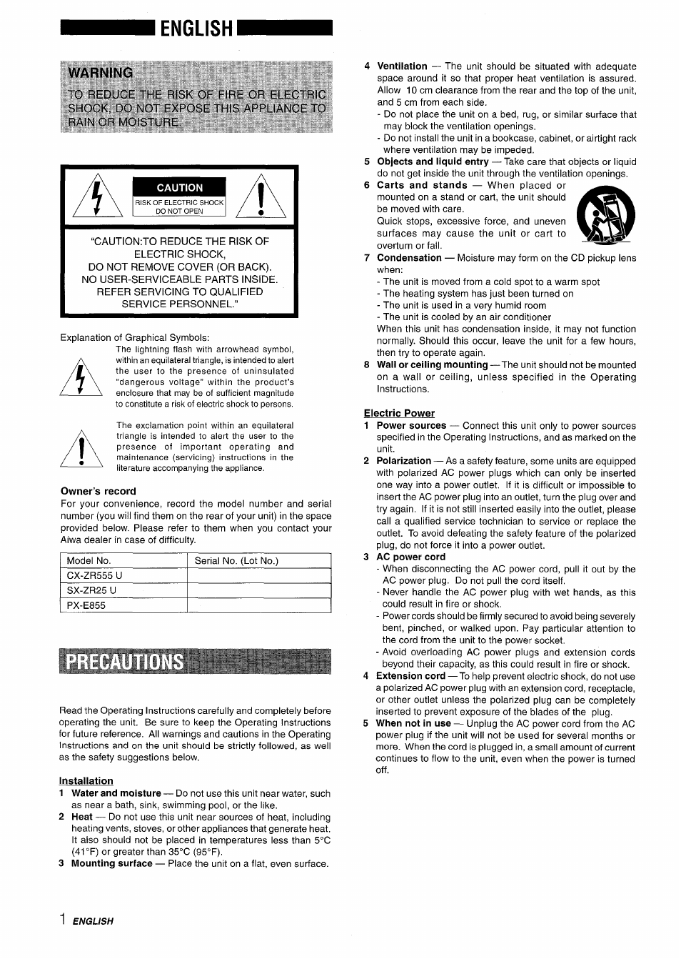 Caution, Owner’s record, English | Warning | Aiwa Z-R555 User Manual | Page 2 / 62