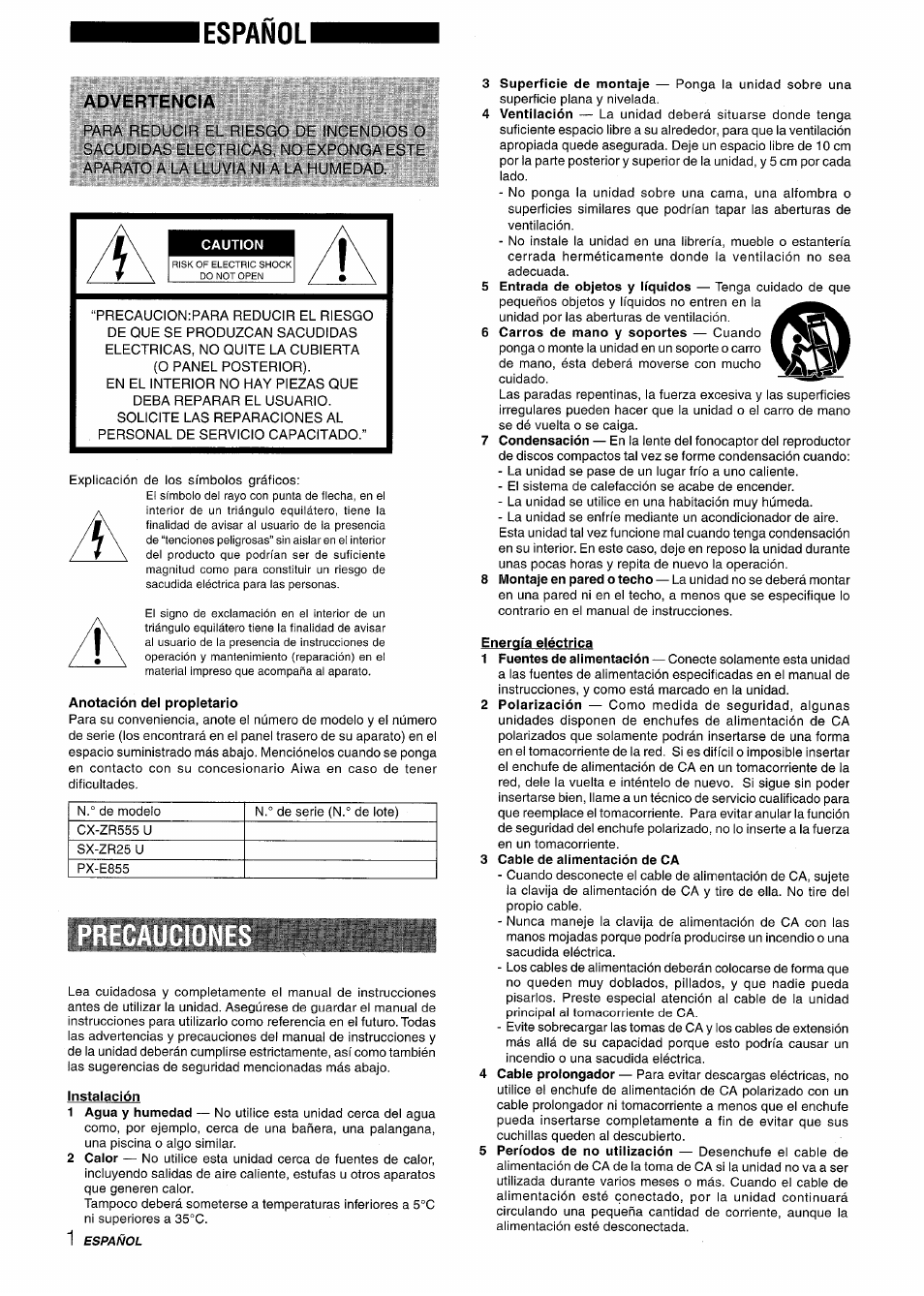 Caution, Anotación del propietario, Instalación | Energía eléctrica, 3 cable de alimentación de ca, Lespañoli, Advertencia | Aiwa Z-R555 User Manual | Page 20 / 62