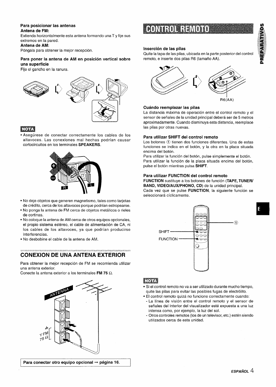 Para posicionar las antenas antena de fm, Antena de am, Inserción de las pilas | Cuándo reemplazar las pilas, Para utilizar shift del control remoto, Control re | Aiwa Z-R555 User Manual | Page 23 / 62