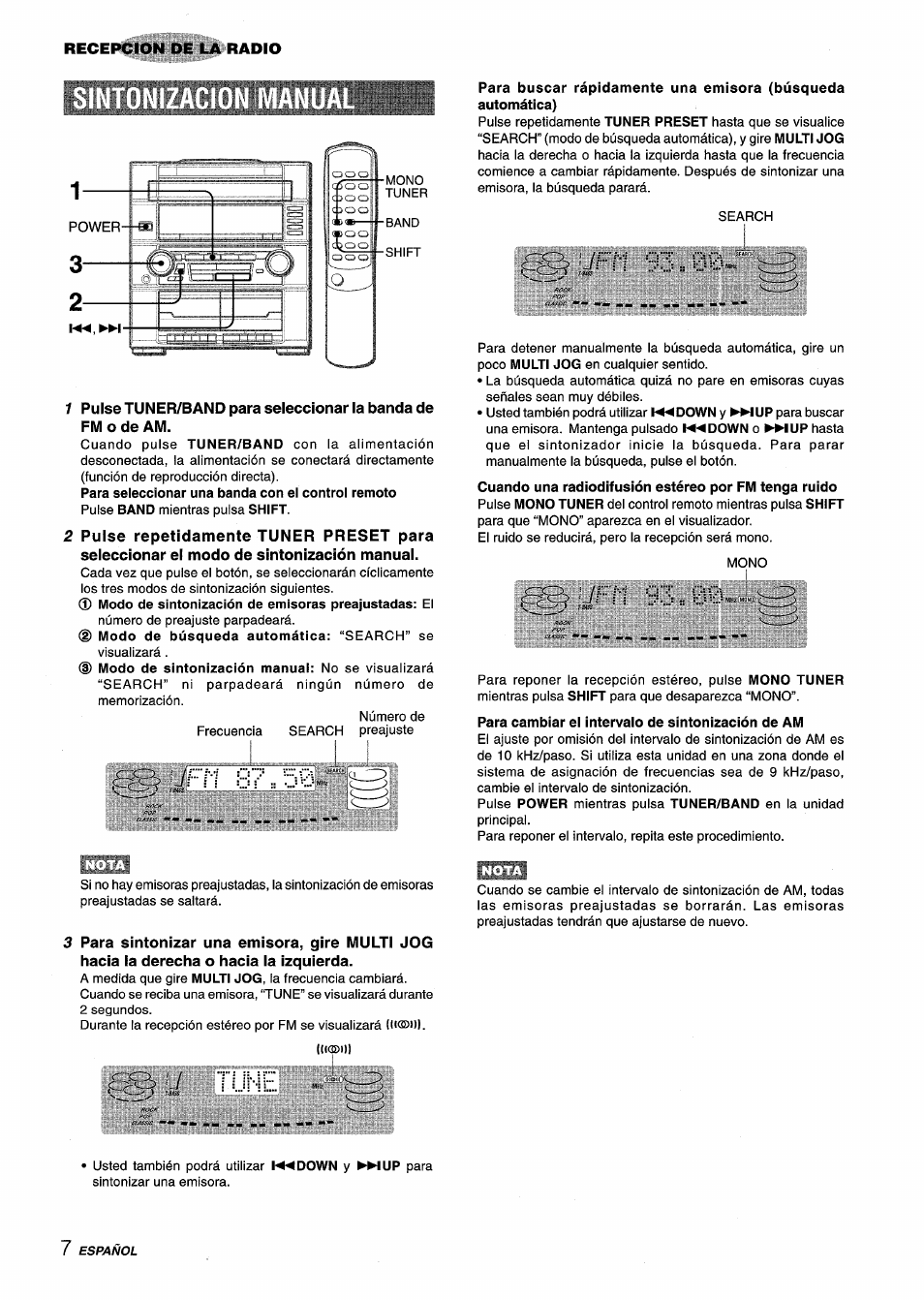 J tui'-ie, Jfh 93, Н-н5н ^,/fn 93 = 00 | Para cambiar ei intervaio de sintonización de am, Jtui'-ie, Recepcion de la radio | Aiwa Z-R555 User Manual | Page 26 / 62