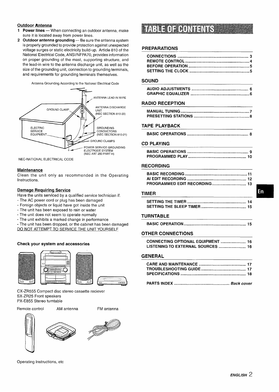 Outdoor antenna, Maintenance, Damage requiring service | Check your system and accessories | Aiwa Z-R555 User Manual | Page 3 / 62