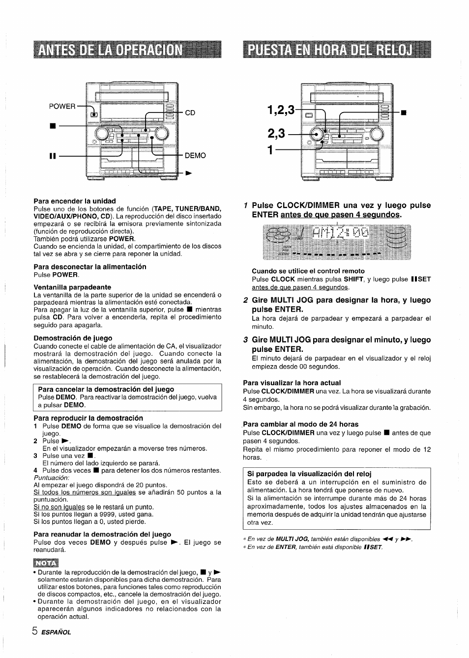 Para encender la unidad, Para desconectar la alimentación pulse power, S'v ñf1l2=00 | Cuando se utilice el control remoto, Para visualizar la hora actual, Para cambiar ai modo de 24 horas | Aiwa Z-R555 User Manual | Page 30 / 62