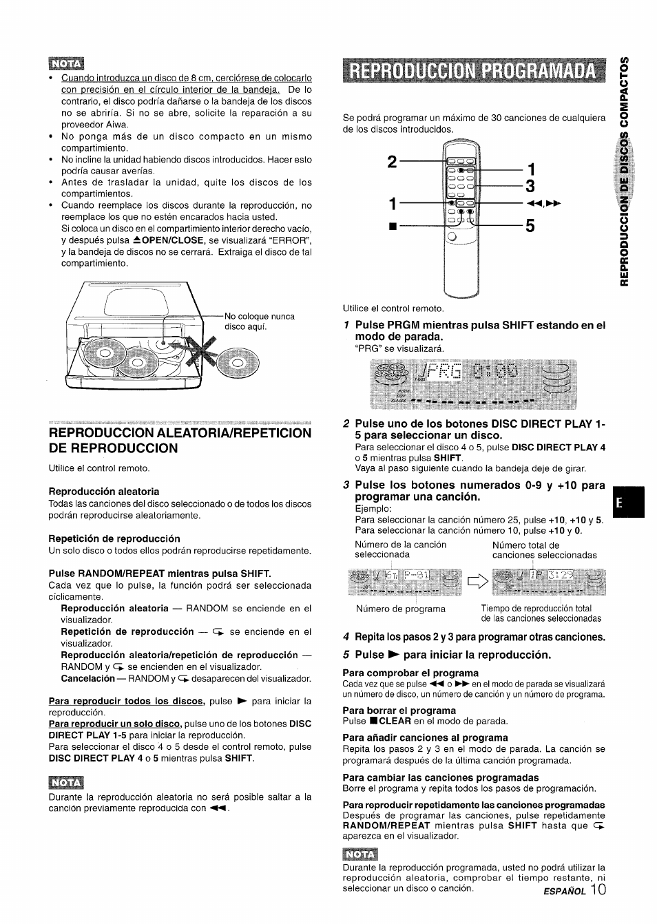 Iprs 0::00, Reproducción aleatoria, Repetición de reproducción | Puise random/repeat mientras puisa shift, 5 puise ^ para iniciar la reproducción, Reproduccion programada, Reproduccion aleatoria/repeticion de reproduccion | Aiwa Z-R555 User Manual | Page 35 / 62