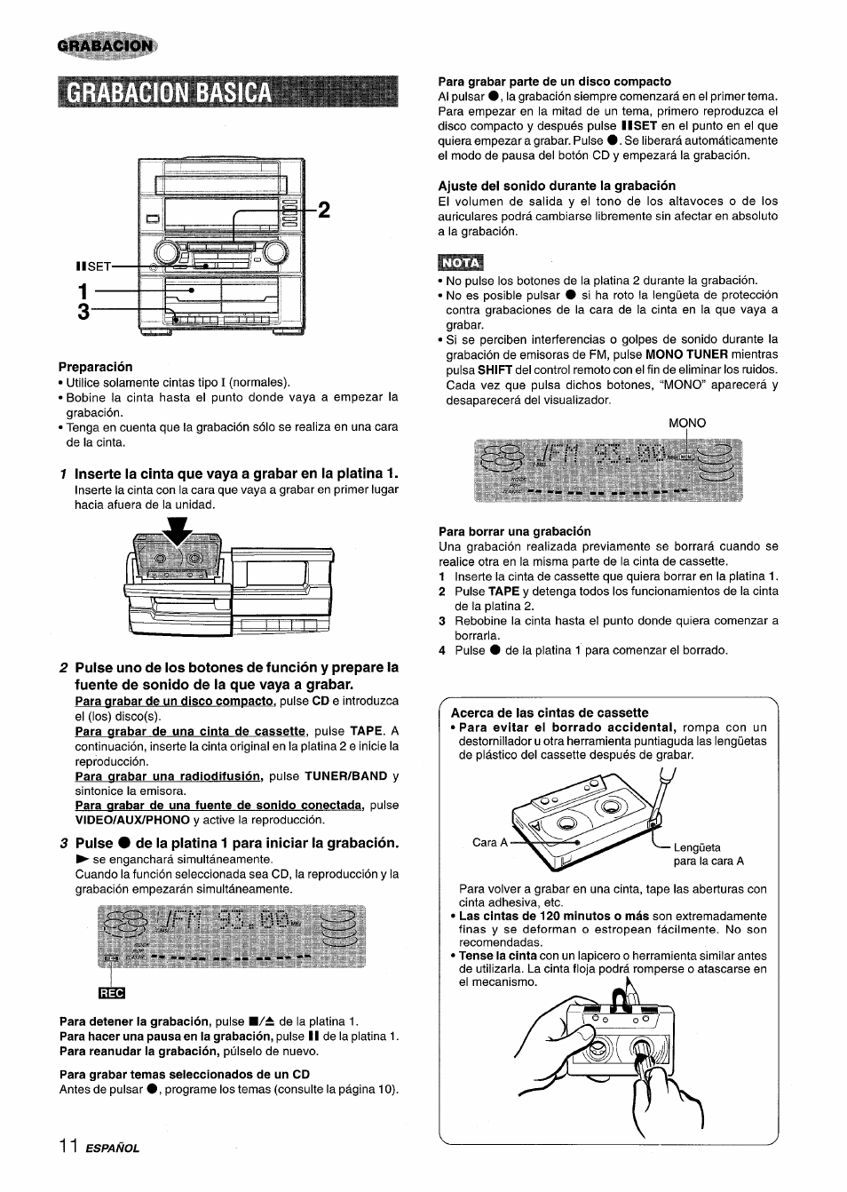 Preparación, Puise # de ia piatina 1 para iniciar ia grabación, Çï?? jfh 93.00 | Para grabar temas seleccionados de un cd, Para grabar parte de un disco compacto, Ajuste del sonido durante la grabación, 6ç;. jftl 93, Para borrar una grabación, Grabacion basic, Grabacion | Aiwa Z-R555 User Manual | Page 36 / 62