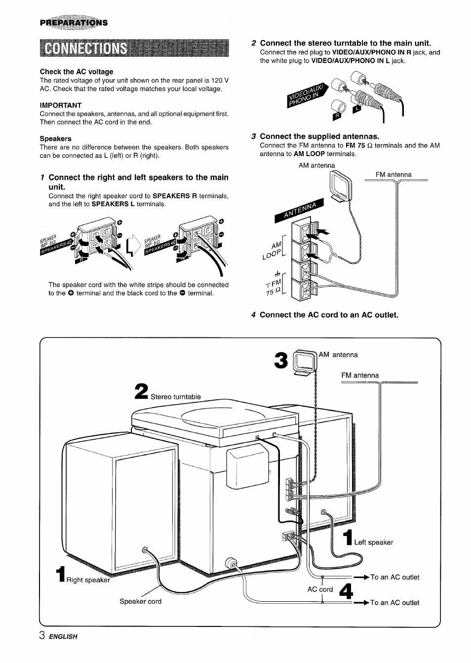 Check the ac voltage, Speakers, 2 connect the stereo turntable to the main unit | 3 connect the supplied antennas | Aiwa Z-R555 User Manual | Page 4 / 62