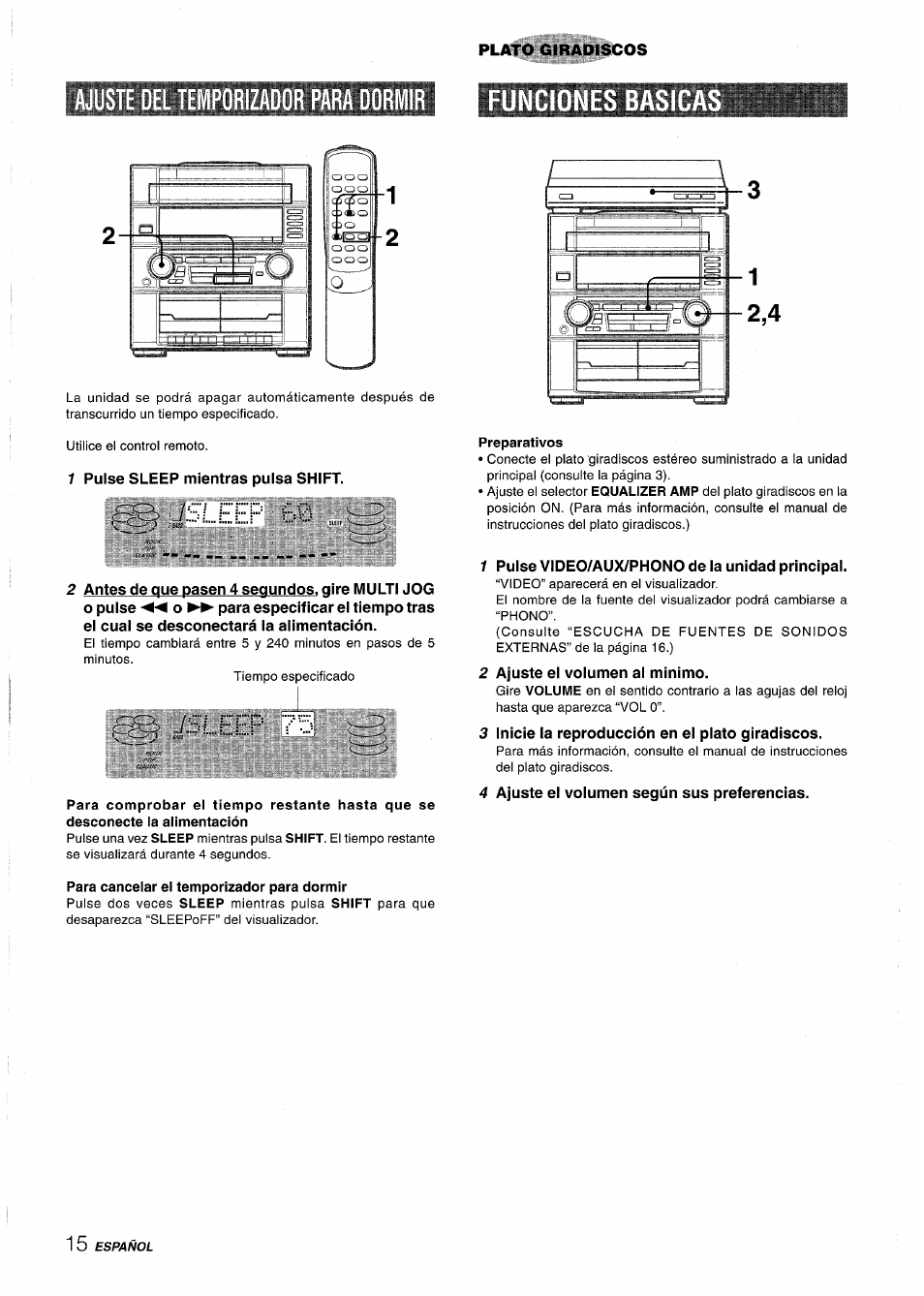 1 pulse sleep mientras pulsa shift, Ysleep 75, Para cancelar el temporizador para dormir | Preparativos, 1 pulse video/aux/phono de la unidad principal, 2 ajuste el volumen al minimo, 3 inicie la reproducción en el plato giradiscos, 4 ajuste el volumen según sus preferencias, Ajuste del temporizador para dormir funciones basi | Aiwa Z-R555 User Manual | Page 40 / 62