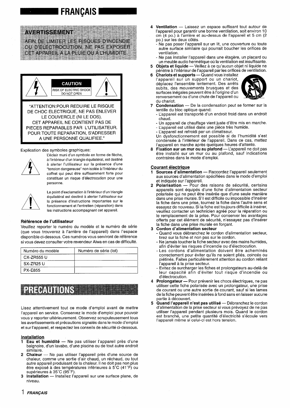 Caution, Référence de l’utilisateur, Courant électrique | 3 cordon d’alimentation secteur, Installation, Français, Avertissement | Aiwa Z-R555 User Manual | Page 44 / 62