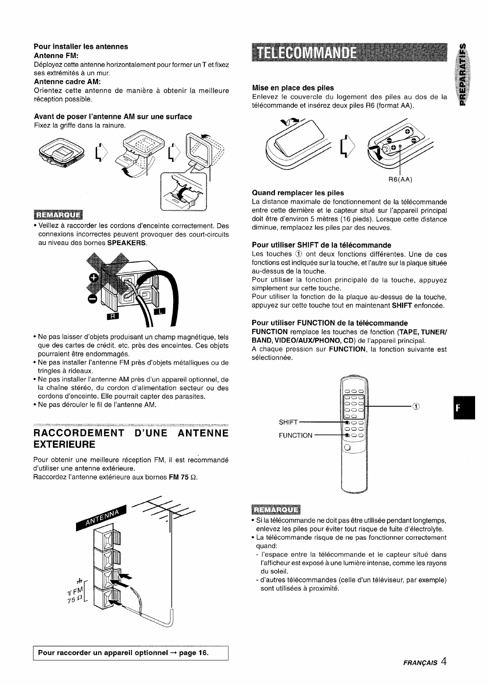 Pour installer les antennes antenne fm, Antenne cadre am, Mise en place des piles | Quand remplacer les piles, Pour utiliser shift de la télécommande, Raccordement d’une antenne exterieure | Aiwa Z-R555 User Manual | Page 47 / 62