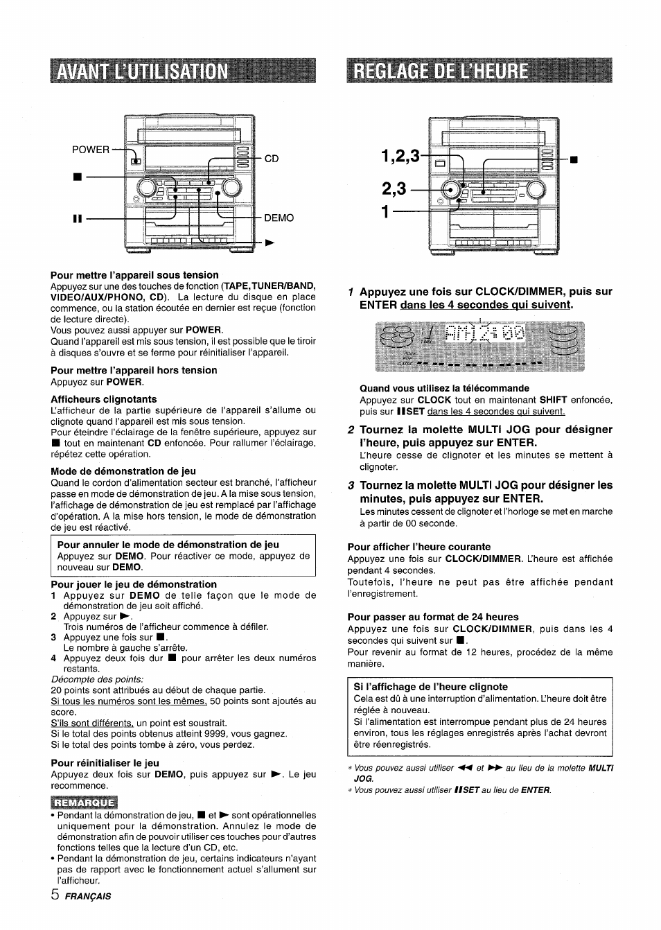 Pour mettre l’appareil sous tension, Quand vous utiiisez la télécommande, Pour afficher l’heure courante | Pour passer au format de 24 heures, Avant l’utilisatio, Civi | Aiwa Z-R555 User Manual | Page 48 / 62