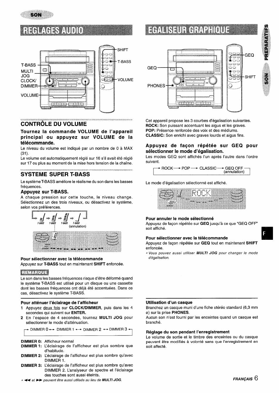 Appuyez sur t-bass, Pour sélectionner avec la télécommande, Pour atténuer l’éclairage de l’afficheur | I rock, Pour annuler le mode sélectionné, Utilisation d’un casque, Réglage du son pendant l’enregistrement, Rock, J ~ j, Controle du volume | Aiwa Z-R555 User Manual | Page 49 / 62