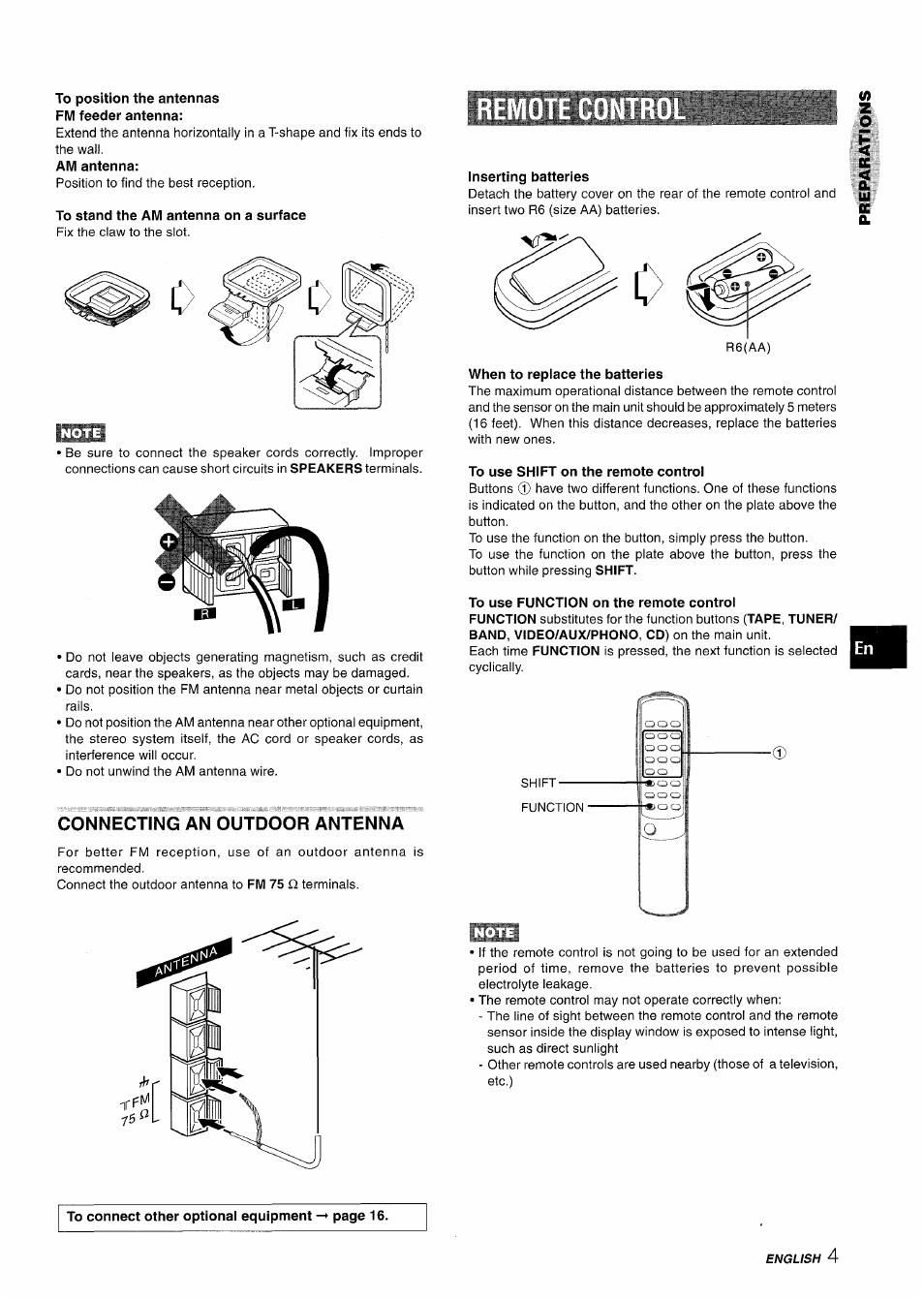 To position the antennas fm feeder antenna, To stand the am antenna on a surface, Inserting batteries | When to replace the batteries, To use shift on the remote control, To use function on the remote control, Connecting an outdoor antenna | Aiwa Z-R555 User Manual | Page 5 / 62