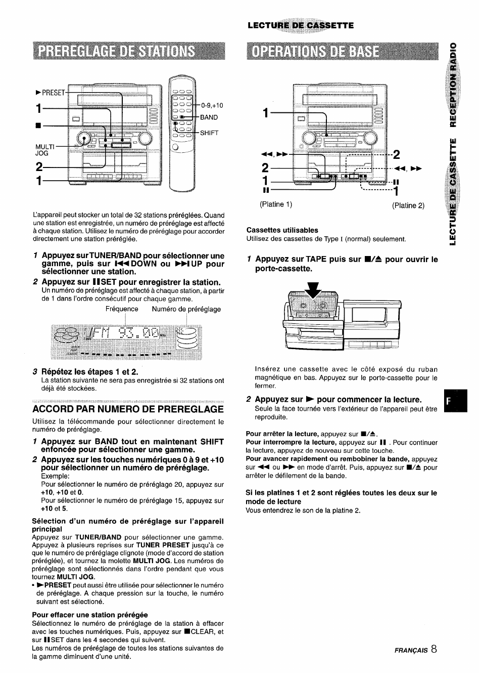 Jfh 93 := 00v, Cassettes utilisables, Lecture de cassette | Accord par numero de prereglage | Aiwa Z-R555 User Manual | Page 51 / 62