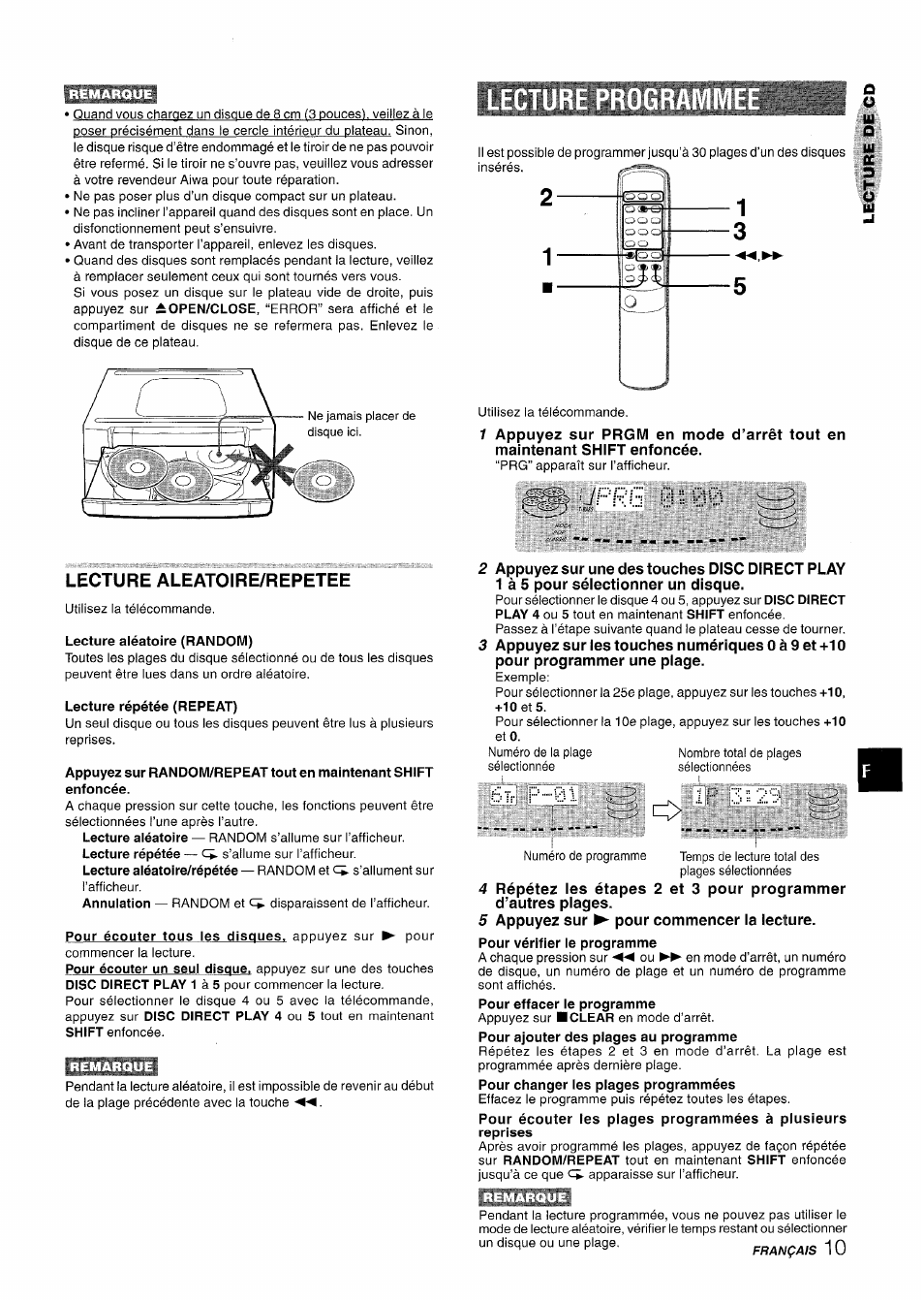 Lecture aléatoire (random), Lecture répétée (repeat), 6 t: f- 01 | Lecture aleatoire/repetee | Aiwa Z-R555 User Manual | Page 53 / 62