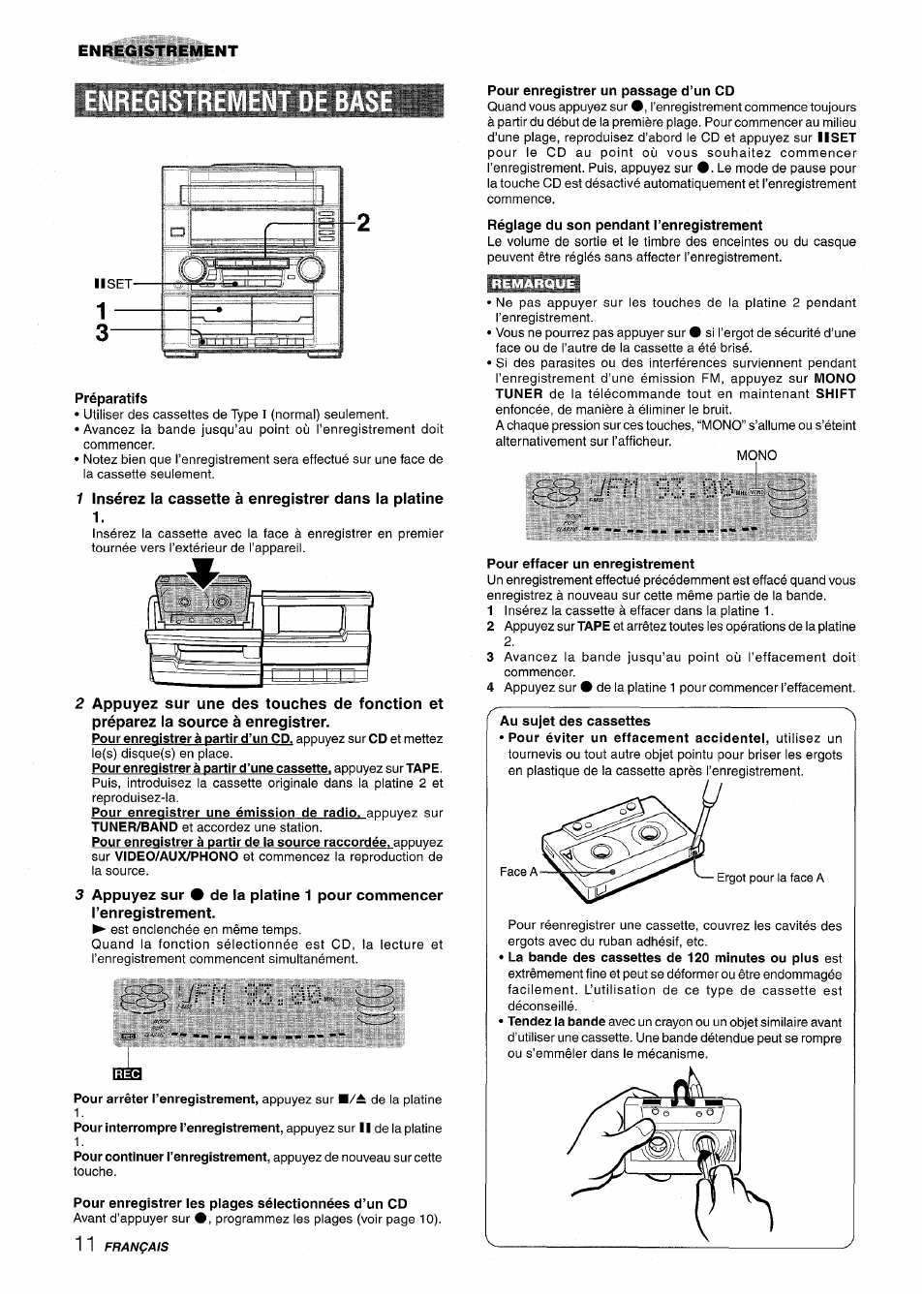 Préparatifs, Pour enregistrer les piages sélectionnées d’un cd, Pour enregistrer un passage d’un cd | Pour effacer un enregistrement, 93 == 0c, Ir ri, Enregistrement | Aiwa Z-R555 User Manual | Page 54 / 62