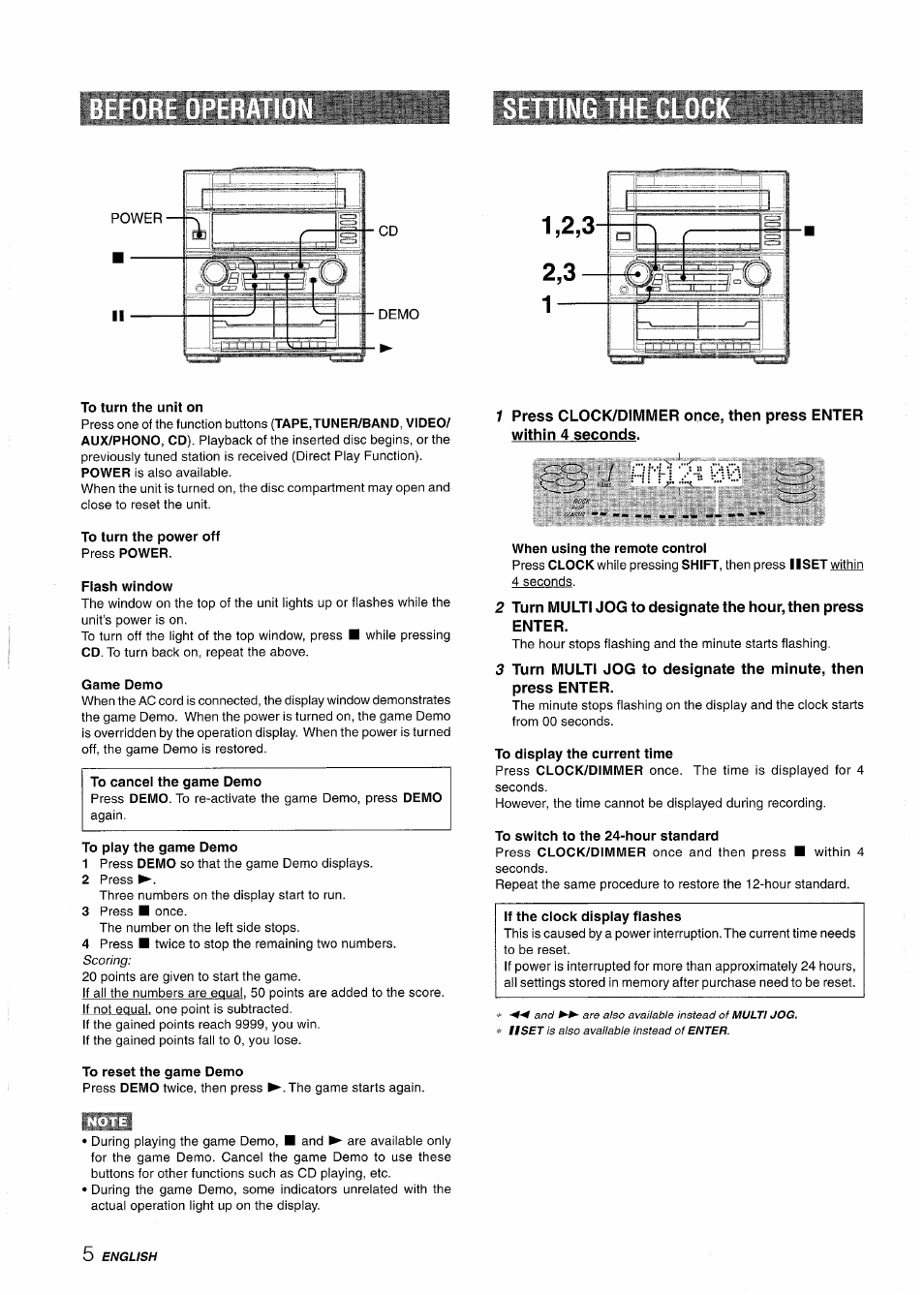 To turn the unit on, To turn the power off press power, Flash window | Game demo, To cancel the game demo, To play the game demo, When using the remote control, To display the current time, To switch to the 24-hour standard | Aiwa Z-R555 User Manual | Page 6 / 62