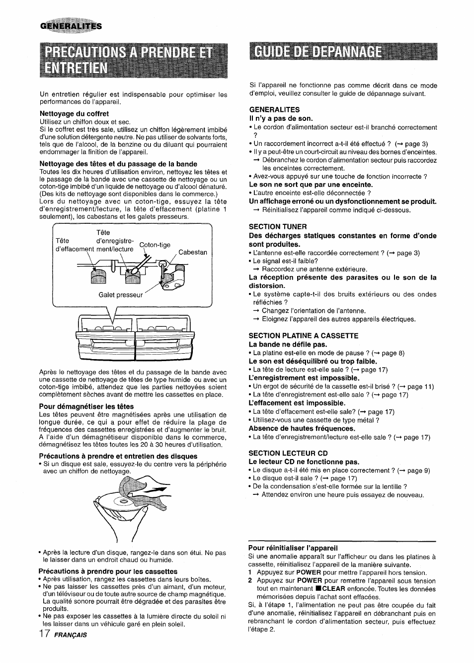 Generalites il n’y a pas de son, Section tuner, Section platine a cassette la bande ne défile pas | Section lecteur cd le lecteur cd ne fonctionne pas, Pour réinitialiser l’appareil, Guide de depan, Generalites | Aiwa Z-R555 User Manual | Page 60 / 62