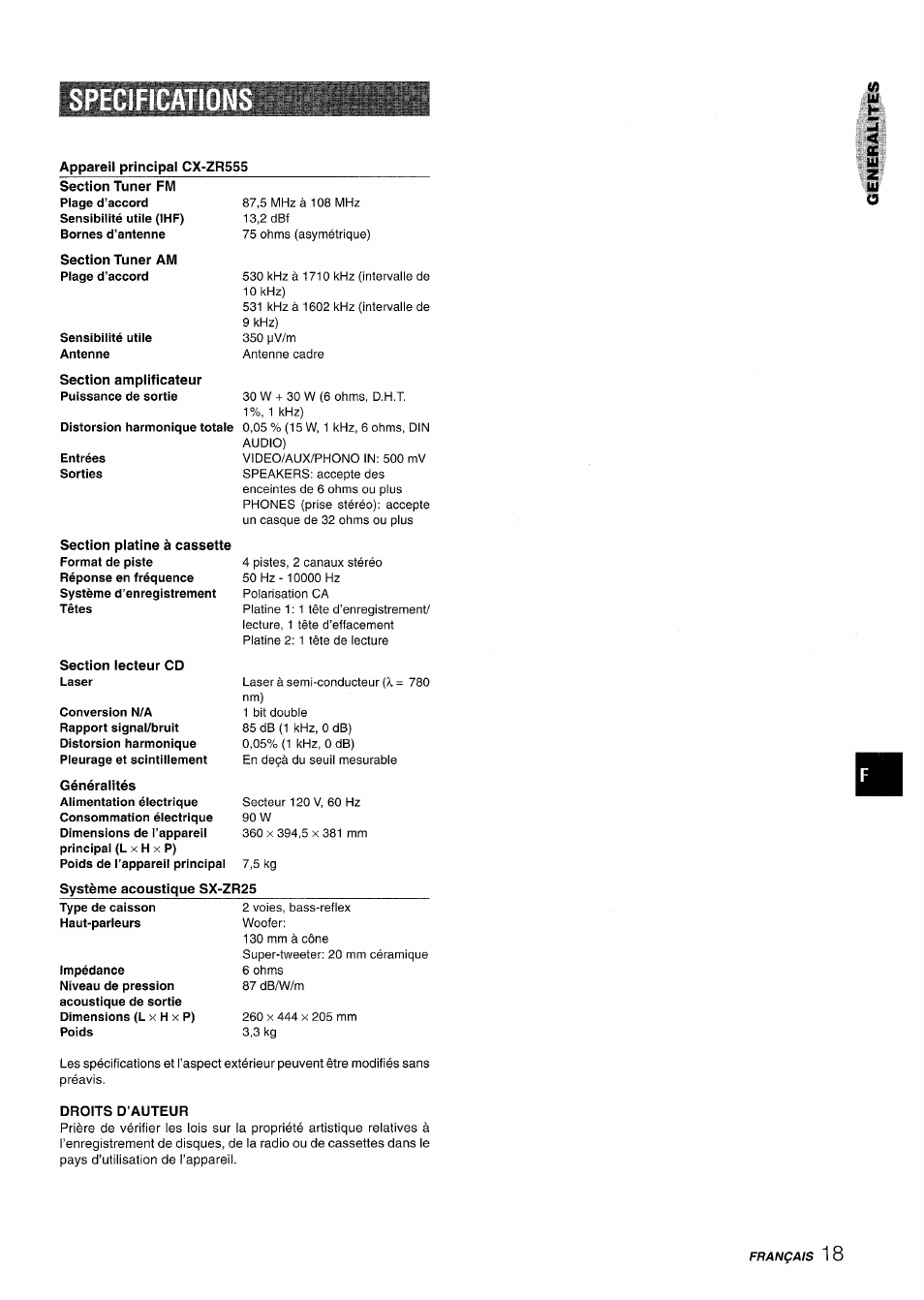 Appareil principal cx-zr555, Section tuner am, Section lecteur cd | Droits d’auteur | Aiwa Z-R555 User Manual | Page 61 / 62