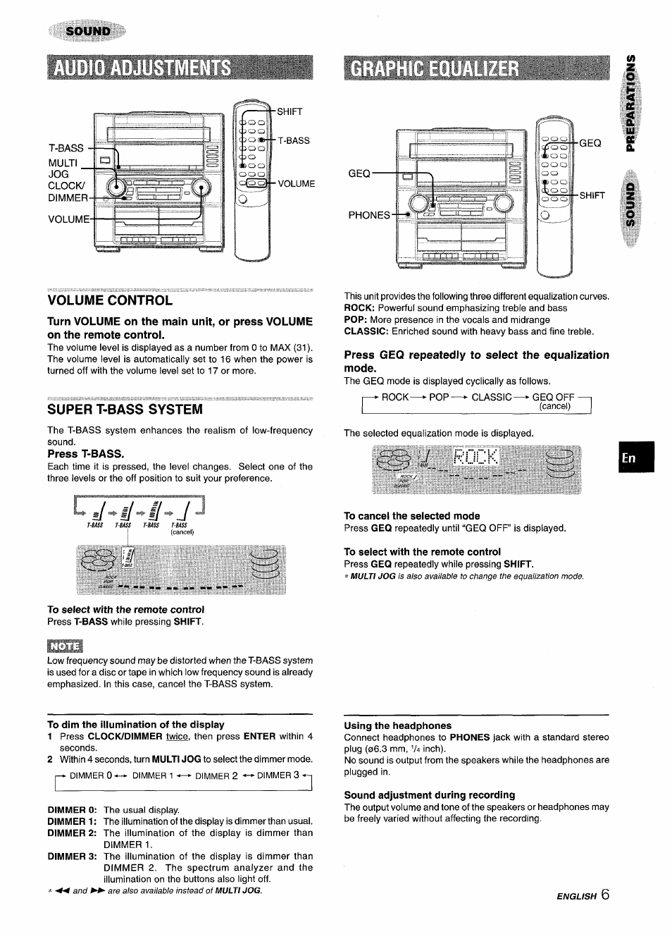 Press t-bass, U rock -f, To cancel the selected mode | To select with the remote control, To dim the illumination of the display, Using the headphones, Sound adjustment during recording, Sound, Volume control, Super t-bass system | Aiwa Z-R555 User Manual | Page 7 / 62