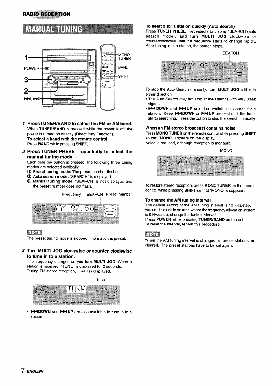 To search for a station quickly (auto search), Uffi 93 :: 00, When an fm stereo broadcast contains noise | L/r1 93 :: 00v, To change the am tuning interval, T'une ».v, Radio reception | Aiwa Z-R555 User Manual | Page 8 / 62