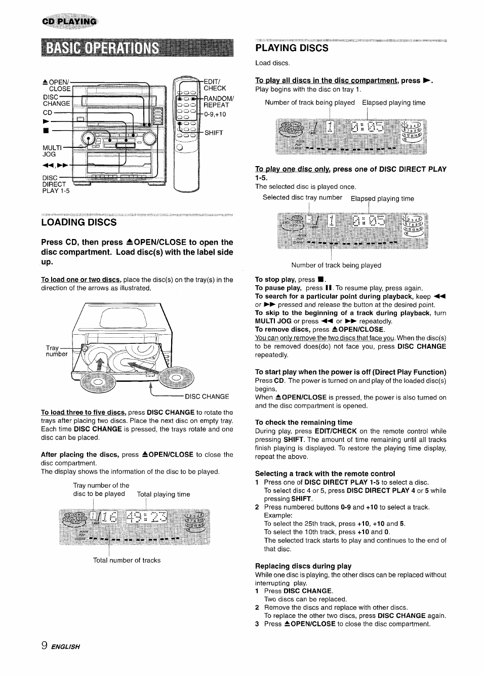 To play all discs in the disc compartment, press, Ip?'./16 49, To check the remaining time | Selecting a track with the remote control, Replacing discs during play, 1 press disc change, Cd playing playing discs, Loading discs | Aiwa Z-R555 User Manual | Page 9 / 62