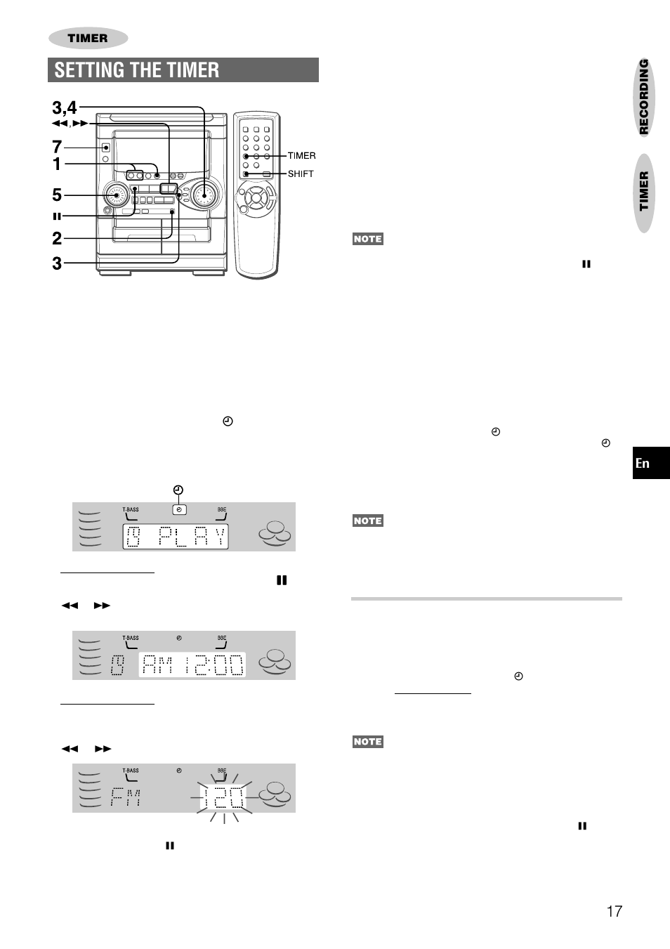 Setting the timer, Timer recording | Aiwa NSX-AJ22 User Manual | Page 17 / 62