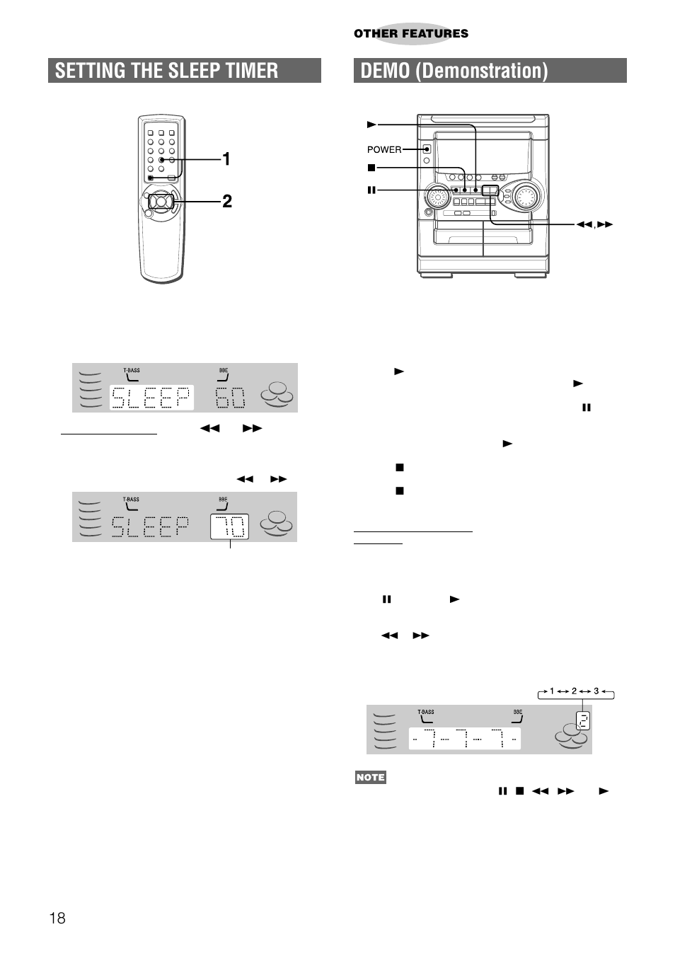 Setting the sleep timer, Demo (demonstration) | Aiwa NSX-AJ22 User Manual | Page 18 / 62