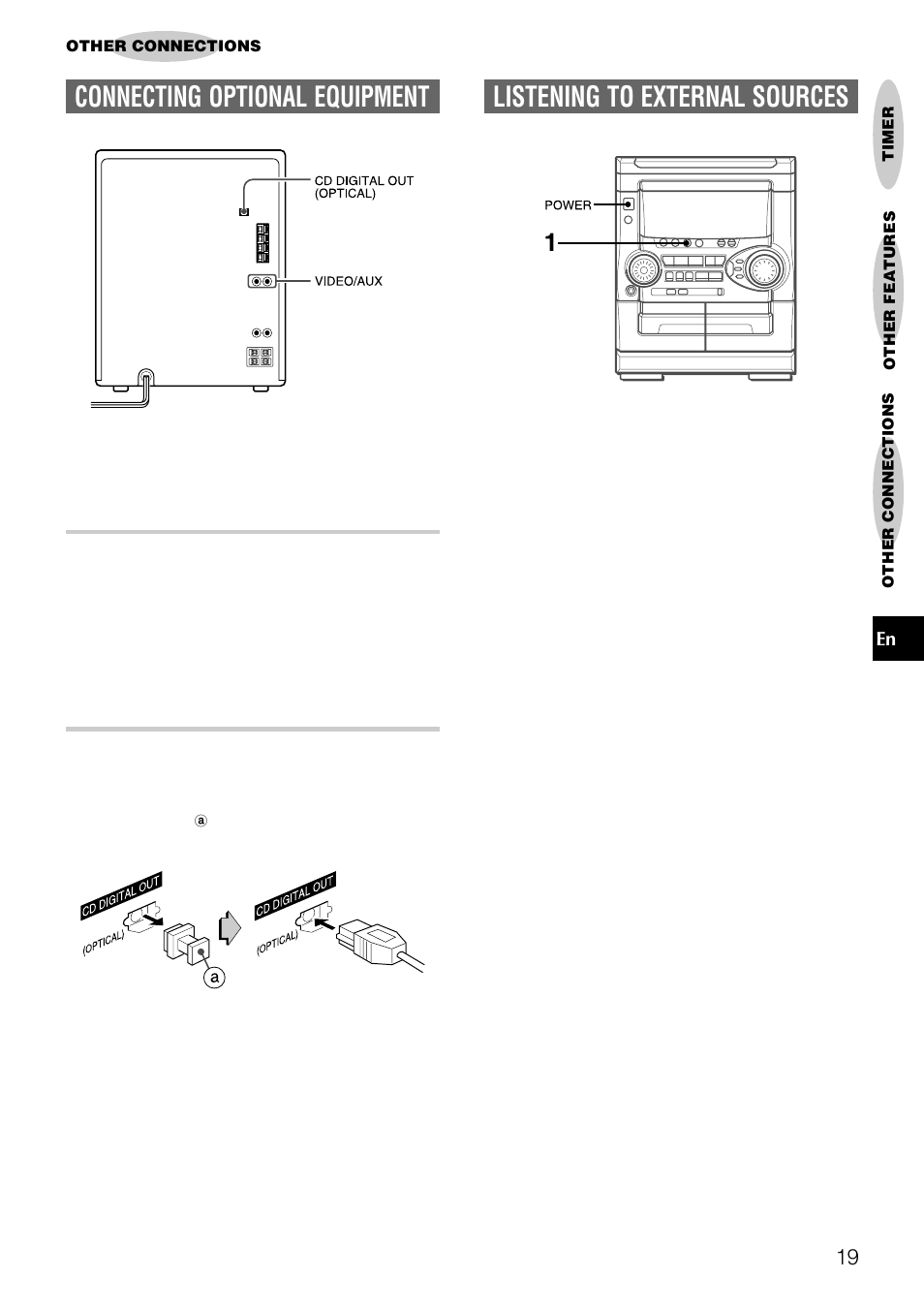 Listening to external sources, Connecting optional equipment | Aiwa NSX-AJ22 User Manual | Page 19 / 62