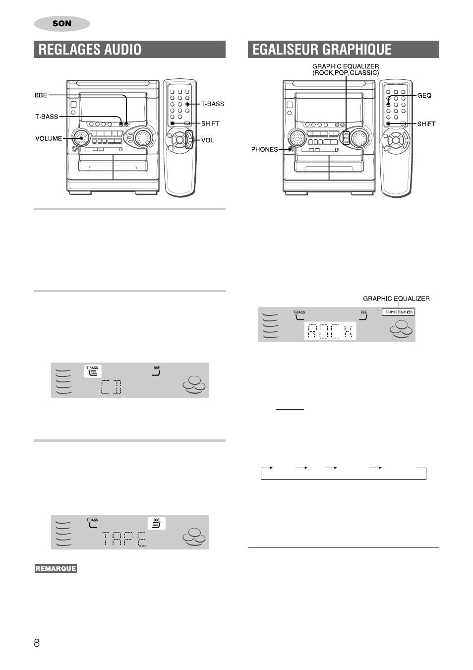 Egaliseur graphique, Reglages audio, Volume | Systeme super t-bass, Systeme bbe | Aiwa NSX-AJ22 User Manual | Page 49 / 62