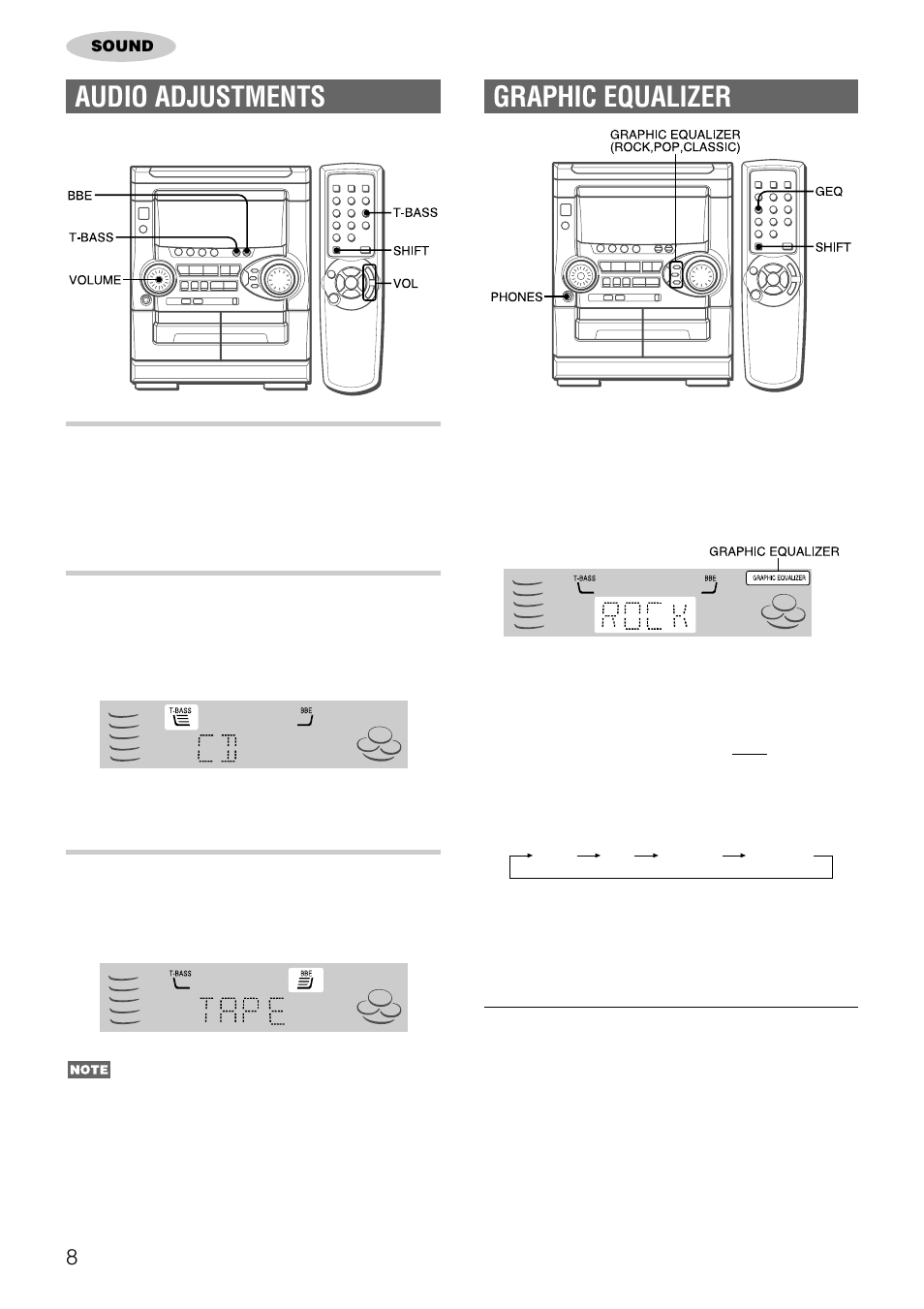 Graphic equalizer, Audio adjustments, Volume | Super t-bass system, Bbe system | Aiwa NSX-AJ22 User Manual | Page 8 / 62