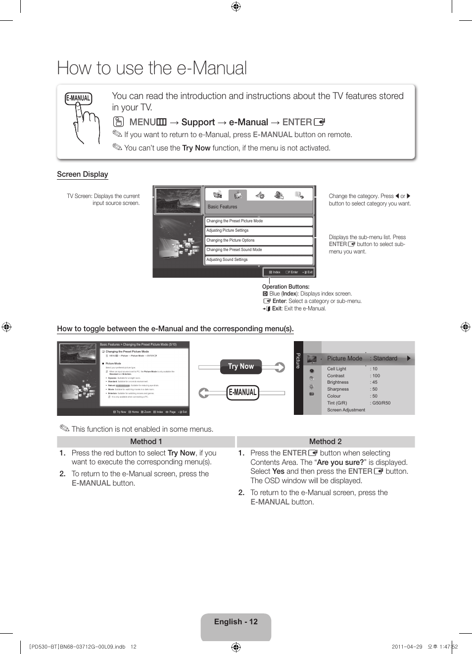 How to use the e-manual, Menu m → support → e-manual → enter e, English - 12 | Try now, E-manual | Samsung PS59D530A5W User Manual | Page 12 / 146