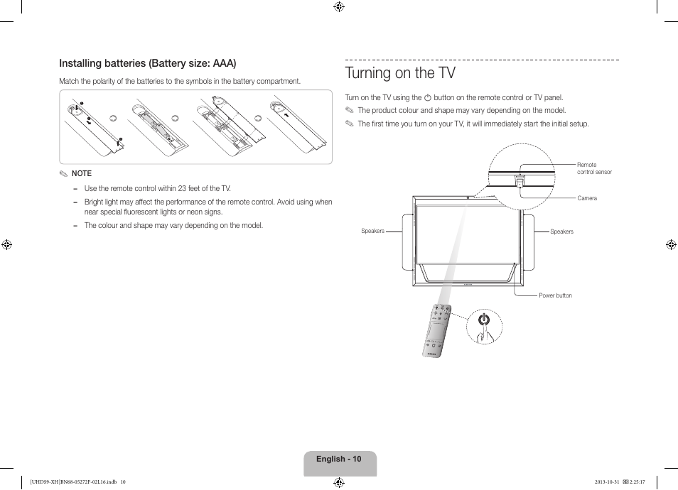 Turning on the tv, Installing batteries (battery size: aaa) | Samsung UE85S9ST User Manual | Page 10 / 385