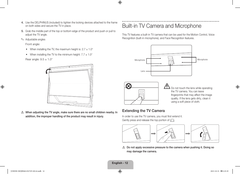 Built-in tv camera and microphone, 경고 주의 경고 주의, Extending the tv camera | Samsung UE85S9ST User Manual | Page 12 / 385