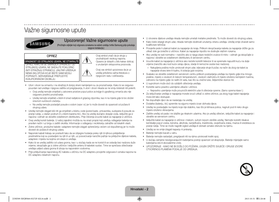 Važne sigurnosne upute, Upozorenje! važne sigurnosne upute | Samsung UE85S9ST User Manual | Page 122 / 385