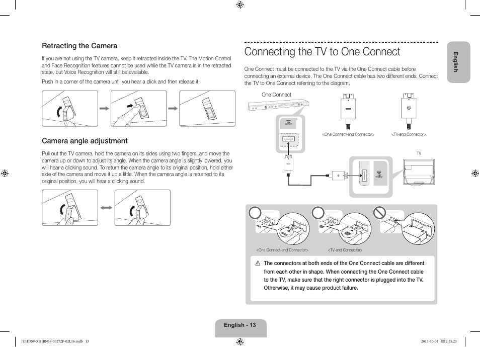 Connecting the tv to one connect, Retracting the camera, Camera angle adjustment | Samsung UE85S9ST User Manual | Page 13 / 385