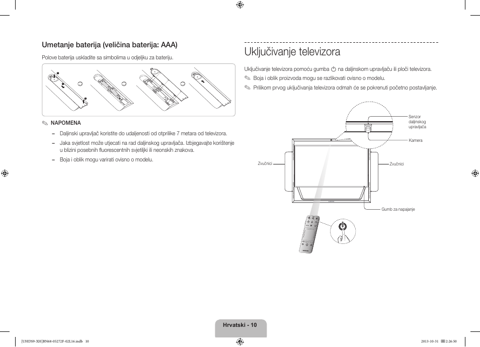 Uključivanje televizora, Umetanje baterija (veličina baterija: aaa) | Samsung UE85S9ST User Manual | Page 130 / 385