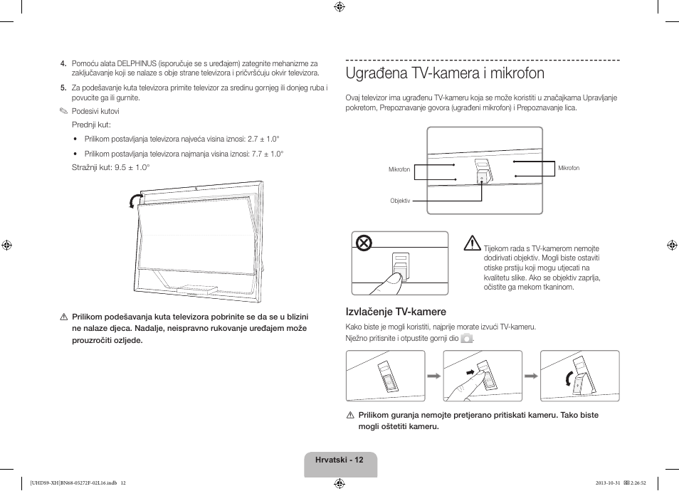 Ugrađena tv-kamera i mikrofon, 경고 주의 경고 주의, Izvlačenje tv-kamere | Samsung UE85S9ST User Manual | Page 132 / 385