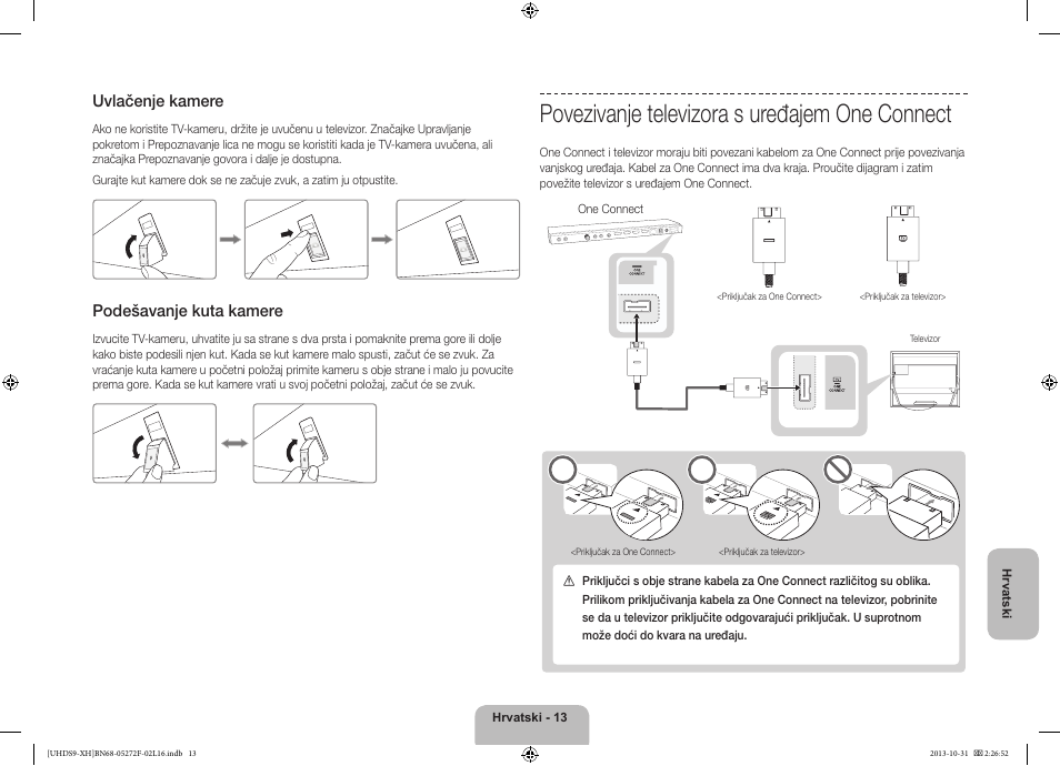 Povezivanje televizora s uređajem one connect, Uvlačenje kamere, Podešavanje kuta kamere | Samsung UE85S9ST User Manual | Page 133 / 385