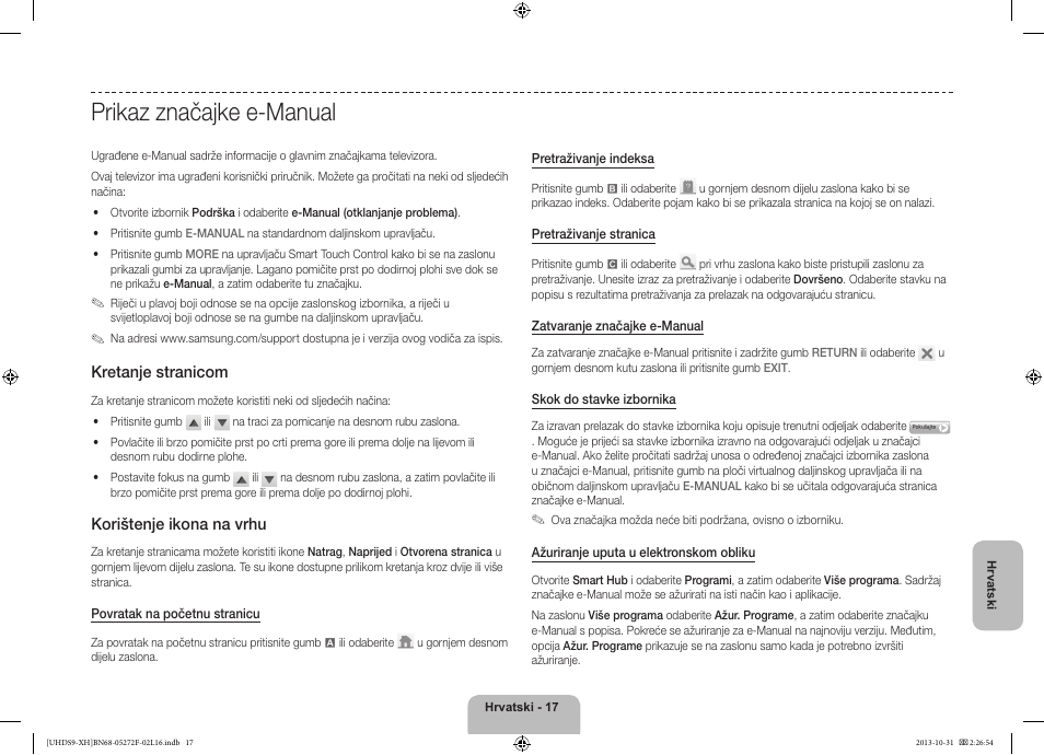 Prikaz značajke e-manual, Kretanje stranicom, Korištenje ikona na vrhu | Samsung UE85S9ST User Manual | Page 137 / 385