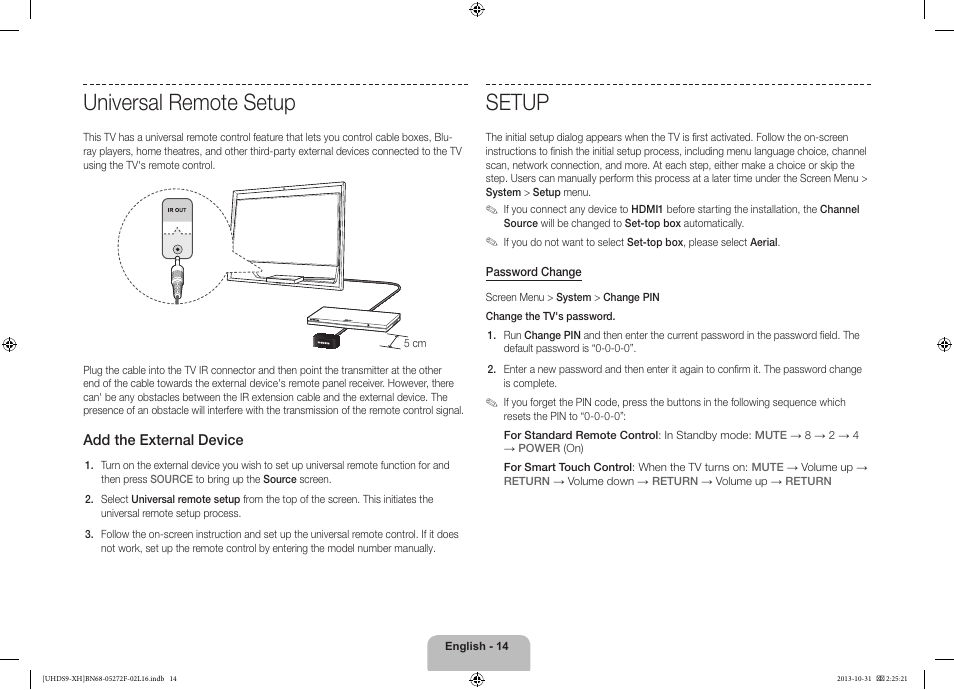 Universal remote setup, Setup | Samsung UE85S9ST User Manual | Page 14 / 385