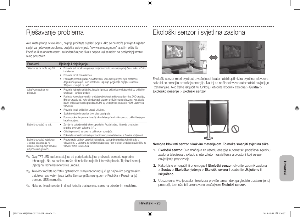 Rješavanje problema, Ekološki senzor i svjetlina zaslona | Samsung UE85S9ST User Manual | Page 143 / 385