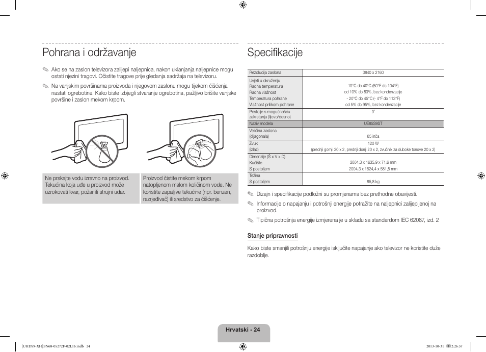 Specifikacije, Pohrana i održavanje | Samsung UE85S9ST User Manual | Page 144 / 385