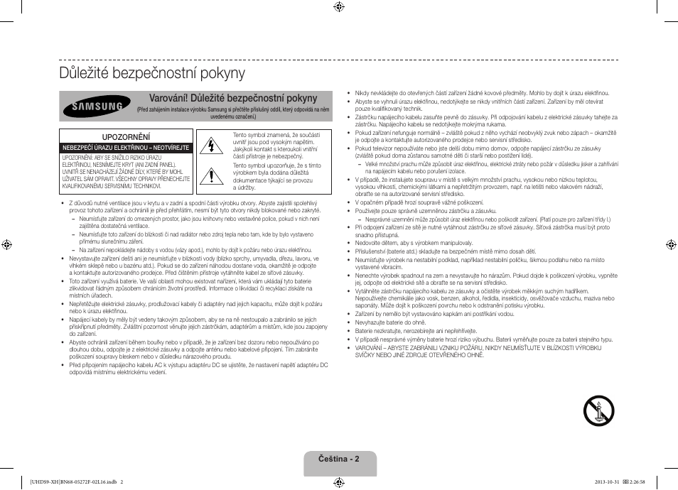 Důležité bezpečnostní pokyny, Varování! důležité bezpečnostní pokyny | Samsung UE85S9ST User Manual | Page 146 / 385