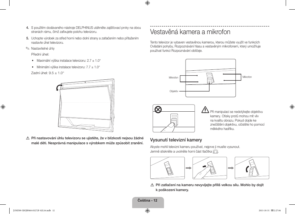 Vestavěná kamera a mikrofon, 경고 주의 경고 주의, Vysunutí televizní kamery | Samsung UE85S9ST User Manual | Page 156 / 385