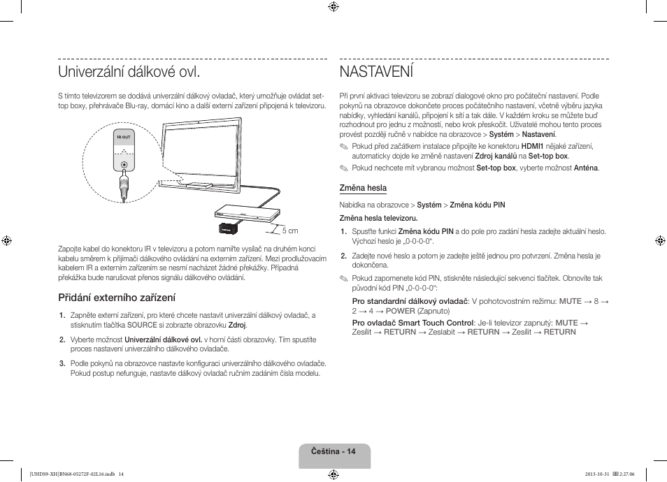 Univerzální dálkové ovl, Nastavení | Samsung UE85S9ST User Manual | Page 158 / 385